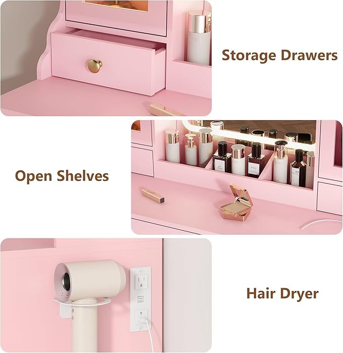 Pink Vanity Desk with Mirror and Lights, Makeup Vanity Table with Lighted Mirror, 5 Drawers & RGB Cabinet, Dressing Table Set with Charging Station for Girls Bedroom, 3 Lighting Modes