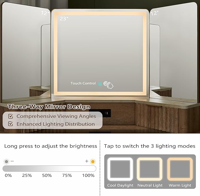 T4TREAM Fluted Makeup Vanity Desk with 3 Way Mirror and Lights, 48" Large Corner Vanity Table with Glass Top, Charging Station, 3 Drawers, Storage Cabinets & Shelves, for Bedroom, Natural Oak