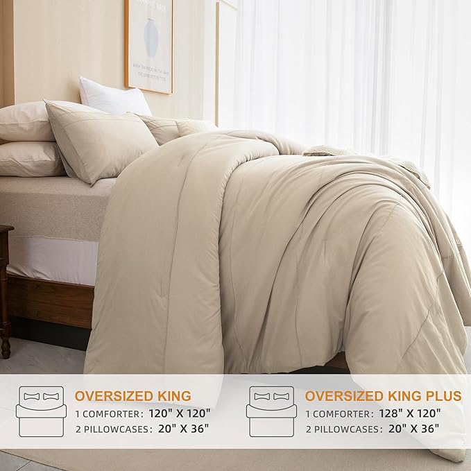 Sanracie Oversized King Comforter 120 * 120, Cotton Comforter King Size Extra Large, Wheat Pinch Pleated Bed Set Linen Feel Textured 3pcs Soft Lightweight Neutral Oversized King Bedding