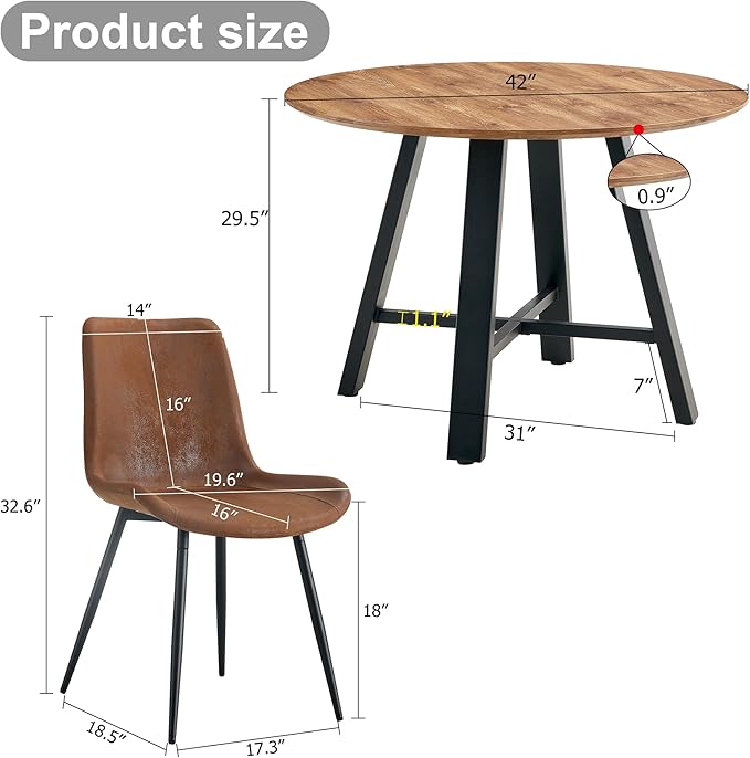 Round Dining Table Set for 4, Modern Kitchen Dining Table Chairs Set for 4,42" Wood Dining Room Table Set & Upholstered Brown PU Leather Chairs for Kitchen Living Office Cafe Small Space