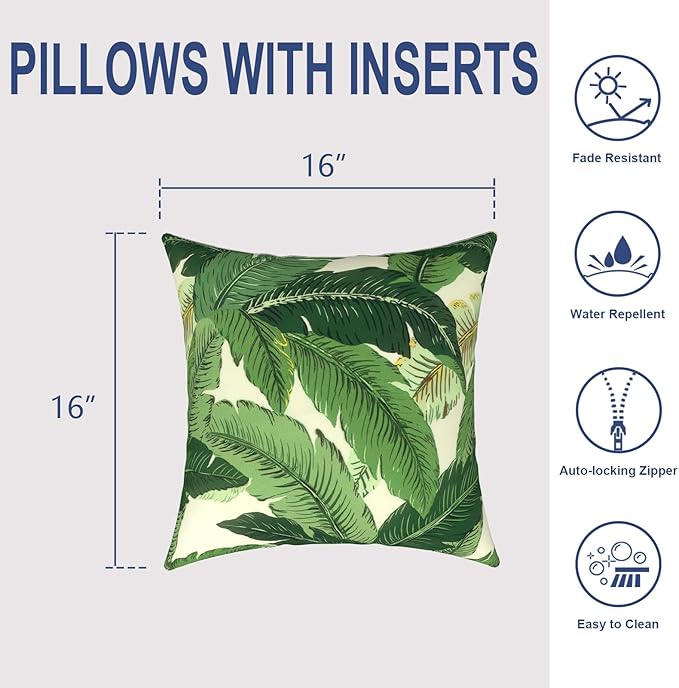 Outdoor Throw Pillows 16x16 Inch, Water Repellent Patio Pillows with Inners Set of 2, Outdoor Pillows for Patio Furniture Home Garden, Swaying Palms Green