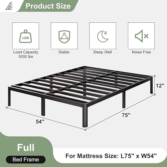 12 Inch Full Size Bed Frame with Rounded Corner Legs, 2000 LBS Heavy Duty Metal Full Platform Bed Frame No Box Spring Needed, Noise Free, Easy Assembly, Black