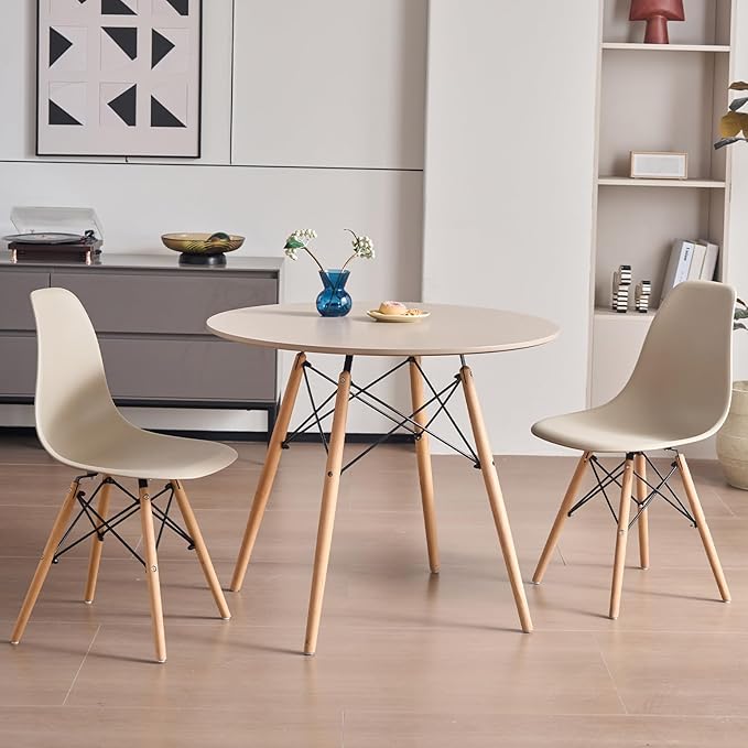 31.5'' 5 Piece Round Dining Table Set for 4, Mid-Century Modern Table with Chairs, Space Saving, Plastic Seats, Wood Legs, Circle Dinner Table for Kitchen, Home, Apartment, Khaki
