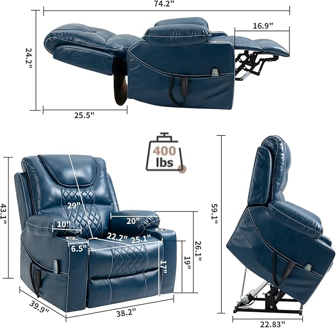 Heavy Duty Power Lift Chairs Recliners with Heater and Massage for Elderly, Big and Tall Recliners 400lbs Suitable for People Up to 6Ft (Blue Leather)