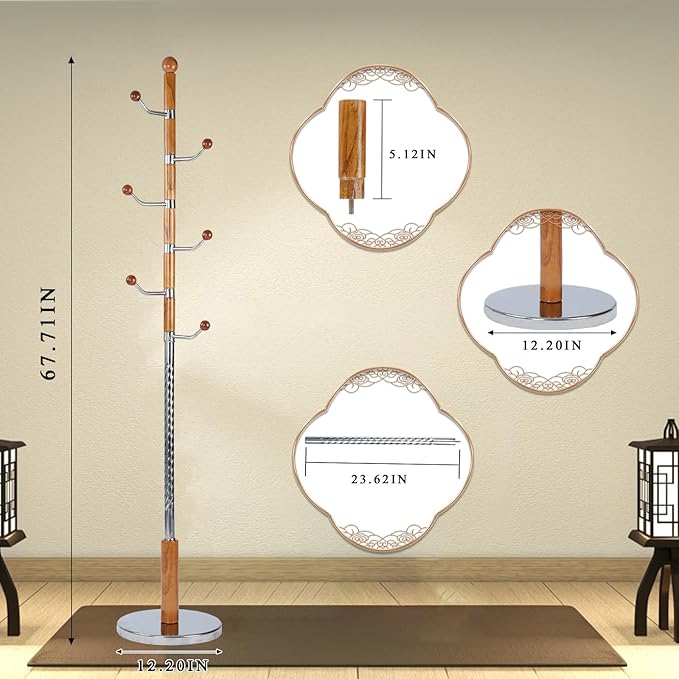 Coat Rack Freestanding, Wooden Tree Coat Rack Stand with 3 Adjustable Sizes Coat Tree and 14 Hooks, Sturdy Hall Tree with Solid Round Base for Entryway, Hallway,Bedroom (Solid Wood Metal Hook)