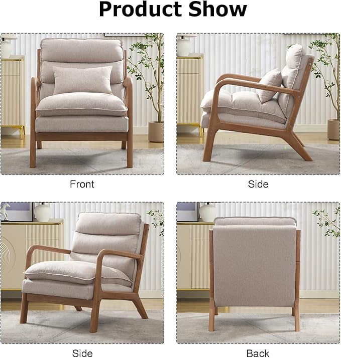Phoenix Home Accent Chair Set of 2 Mid Century Lounge Chair PU Leather, Upholstered Reading Armchair with Lumbar Pillow & Solid Wood Frame for Office, Living Room Bedroom, Balcony, Beige