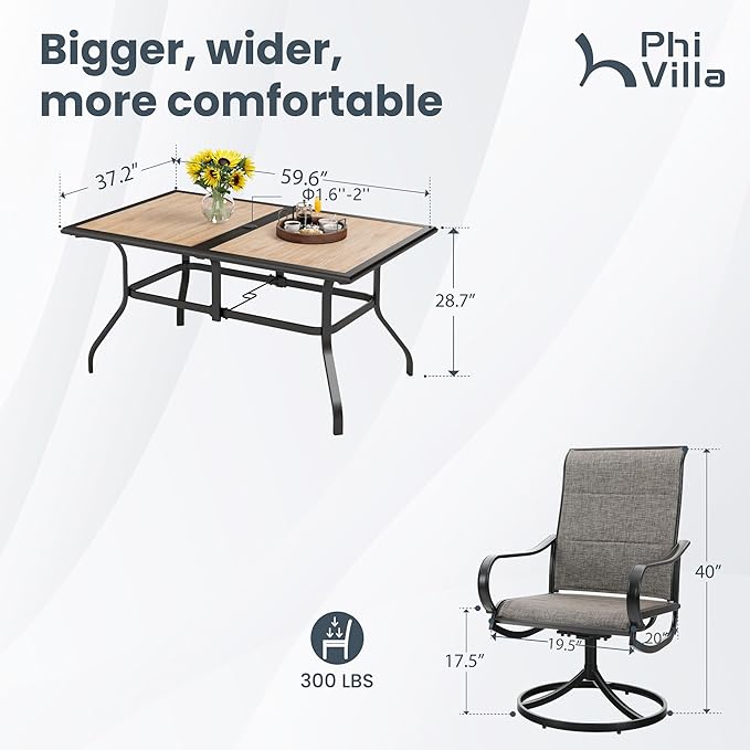 PHI VILLA 7 Piece Patio Dining Set, 6 Swivel Patio Chairs with Padded Textilene Fabric & Rectangular Dining Table (1.6" Umbrella Hole), All Weather Patio Chairs and Table Set for Deck Lawn (Brown)