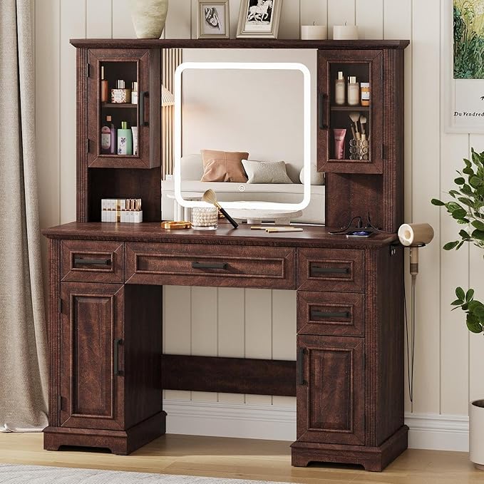 Maupvit Farmhouse Vanity Desk with Mirror and Lights, Makeup Vanity Table with Charging Station, 45" Bedroom Table with 4 Drawers and Cabinets, 3 Lighting Modes, Brown