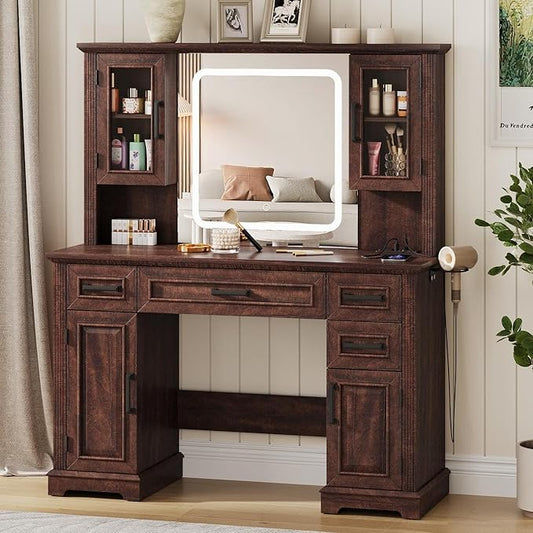 Maupvit Farmhouse Vanity Desk with Mirror and Lights, Makeup Vanity Table with Charging Station, 45" Bedroom Table with 4 Drawers and Cabinets, 3 Lighting Modes, Brown