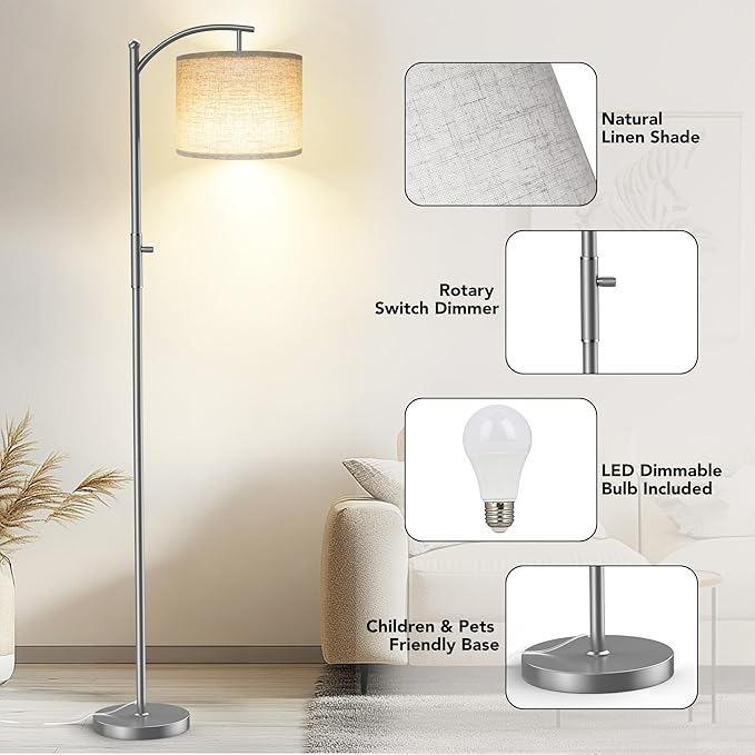 ROTTOGOON Dimmable Floor Lamp, Arc Floor Lamps for Living Room, Stepless Dimming Modern Standing Lamp with Linen Shade, Tall Lamp for Bedroom Office Dining Room- Silver