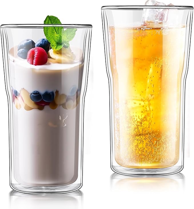 Joeyan Glass Double Walled Beer Drinking Glasses Tumbler 16 oz, Double Layer Tall Borosilicate Insulated Water Cocktail Glass Cups, Double Lined Thermo Tea Coffee Hot Beverage Glassware, Set of 2