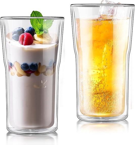 Joeyan Glass Double Walled Beer Drinking Glasses Tumbler 16 oz, Double Layer Tall Borosilicate Insulated Water Cocktail Glass Cups, Double Lined Thermo Tea Coffee Hot Beverage Glassware, Set of 2