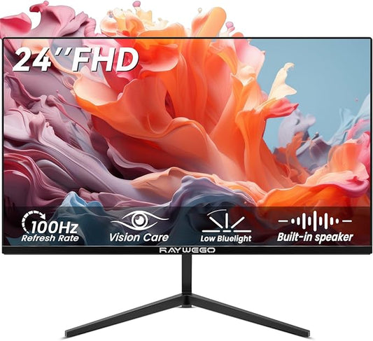 24 inch Gaming Monitor 100Hz Computer Monitor Built-in Speakers Full HD 1920 x 1080P with HDMI DP Interface Eye Care Frameless with 3-Side Virtually Borderless Design VESA（100 x 100mm）