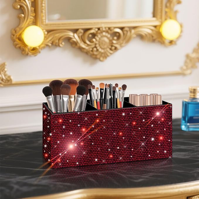 Bling Makeup Brush Holder Organizer, 3 Slot Sparkle Cosmetics Brushes Storage Holders with Shiny Rhinestones, Glitter Cute Pen and Pencil Holder for Desk, Eyeliners Display Case for Vanity (Wine red)