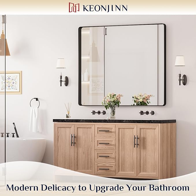 Keonjinn Black Framed Mirrors for Bathroom 48” x 40” Large Rounded Rectangle Wall Mirror, Matte Black Farmhouse Bathroom Vanity Mirror with Seamless Metal Frame, HD Tempered Glass(Horizontal/Vertical)