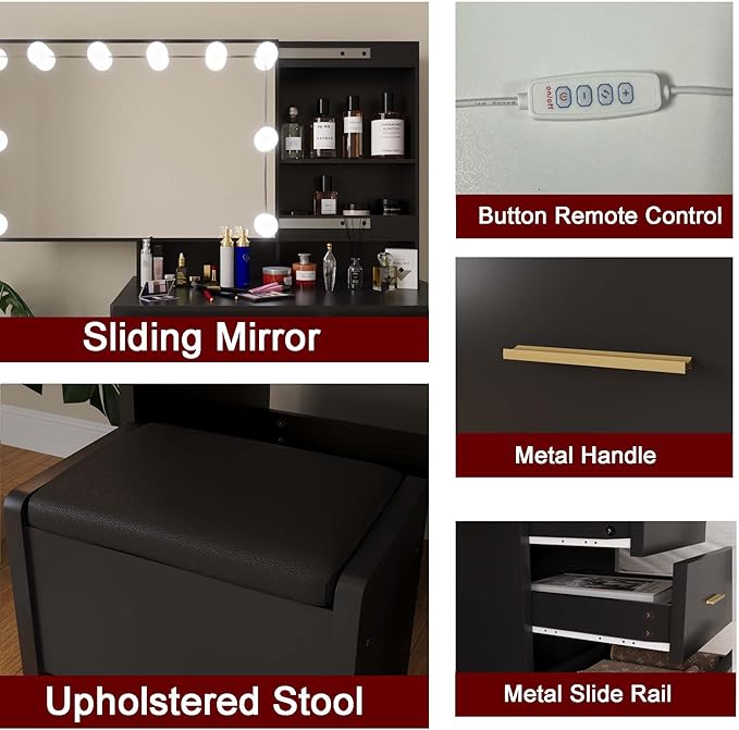 Makeup Vanity Desk with Sliding Mirror and Lights, Vanity Desk with 10 LED Bulbs, 3 Adjustable Light Modes, 5 Drawers & Storage Shelves, Makeup Vanity Set for Bedroom, Black