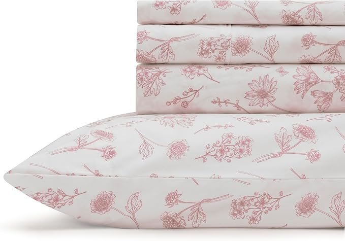 Linen Home 100% Cotton Printed Percale Sheets Queen Size, Deep Pocket, 4 Pieces Set - 1 Flat, 1 Deep Pocket Fitted Sheet and 2 Pillowcases, Crisp Cool and Strong Bed Linen, Mauve Botanical Floral