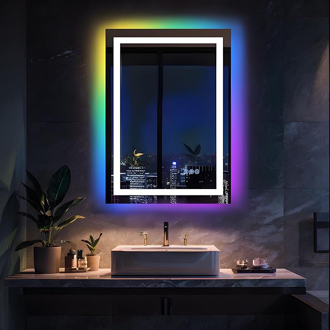 Antok 28"x 20" LED Bathroom Mirror with Lights, Anti-Fog, Dimmable, Lighted Vanity Mirror with Tempered Glass, Memory Function, 11 Light Modes, Safe Use, Horizontal, Vertical