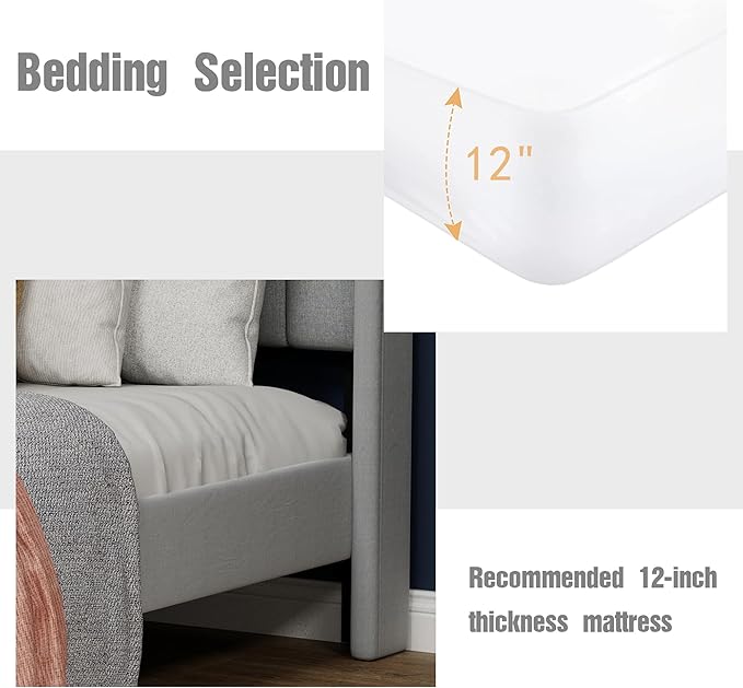 Upholstered Platform Full Size Bed Frame with Headboard Wooden Slats Support No Noise Easy Assembly Light Grey Linen