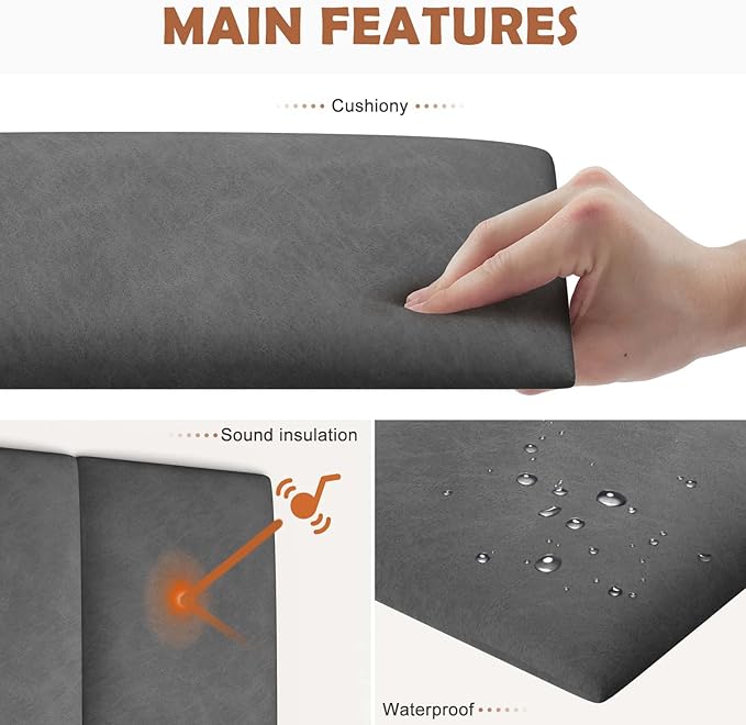 IFNOW Wall Mounted Upholstered Headboard King, 3D Peel and Stick Soundproof Panels, Reusable and Removable Padded Leather Bed Headboard, 12 Panels 9.84" x 23.62", Dark Grey