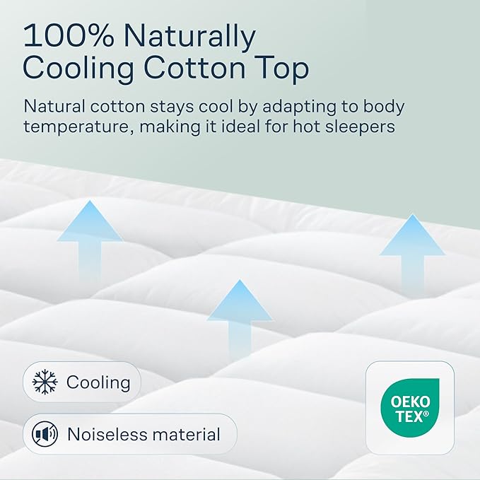 Cloud-Like Full Size Mattress Topper - 100% Cotton Top Mattress Pad for Back Pain Relief - Breathable & Naturally Cooling for Hot Sleepers