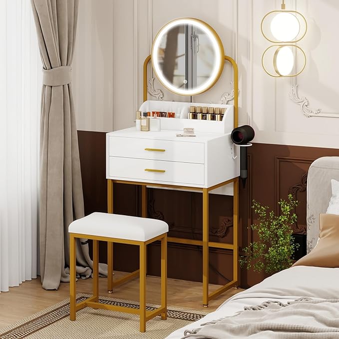 ARTETHYS Small Vanity Desk with Mirror and Lights White Compact Makeup Vanity with Chair Modern Space-Saving Dressing Table with Drawer for Small Bedroom, Apartment