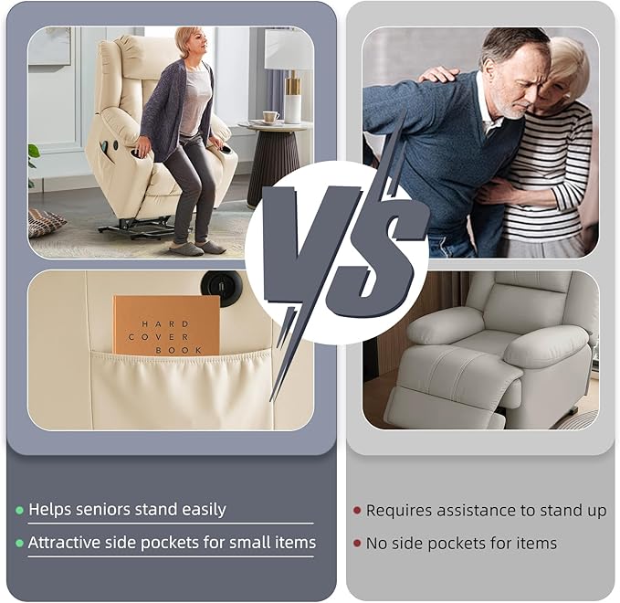 Power Lift Recliner Chair for Elderly, Electric Recliner Chairs for Adults with Massage and Heat, Cup Holders, Remote Control, USB Ports, Side Pockets, Leather (Beige)