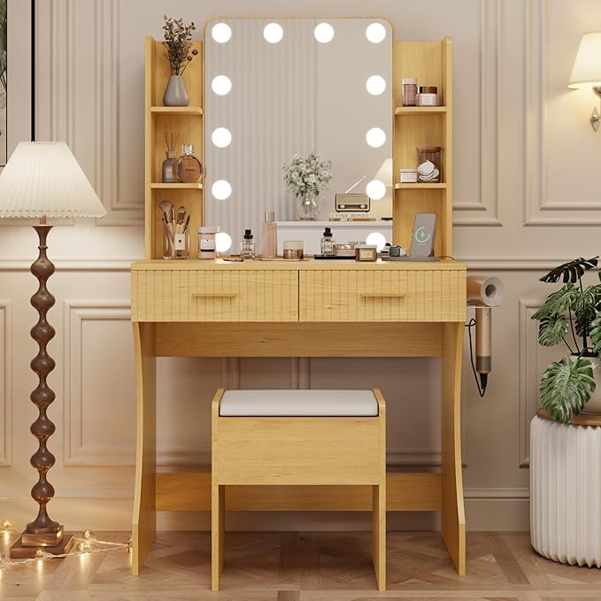 Vanity Desk with LED Lighted Mirror, Makeup Vanity with 3 Adjustable Lights, 2 Large Drawers and 4 Open Shelves, Natural Vanity with Storage Stool for Bedroom