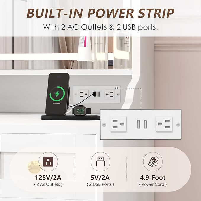 75" Vanity Desk with Mirror and Lights, Makeup Vanity with 5 Drawers & 2 RGB Door, White Vanity with Charging Station, Big Vanity Table with Lighted Mirror, 3 Color Lighting Modes, for Bedroom