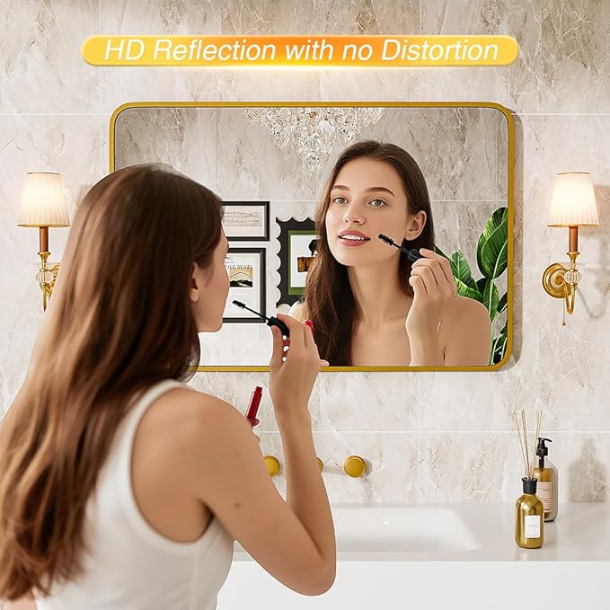 Bathroom Mirror 36" X 24" Wall Mount Dresser Metal Frame Rounded Rectangular Mirror Over Sink Vanity Hungs Horizontally Or Vertically for Bedroom, Entryway, Living Room,Gold