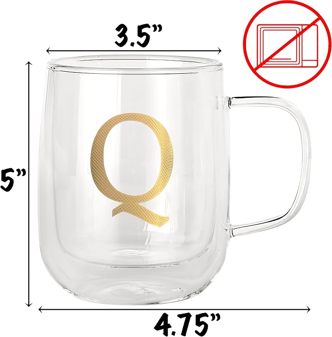 COLLECTIVE HOME - Double Walled Glass Coffee Mugs, Insulated Coffee Mug with Handle, Personalized Gifts for Women, Men, Christmas, 14 oz Monogram Cups (Q)