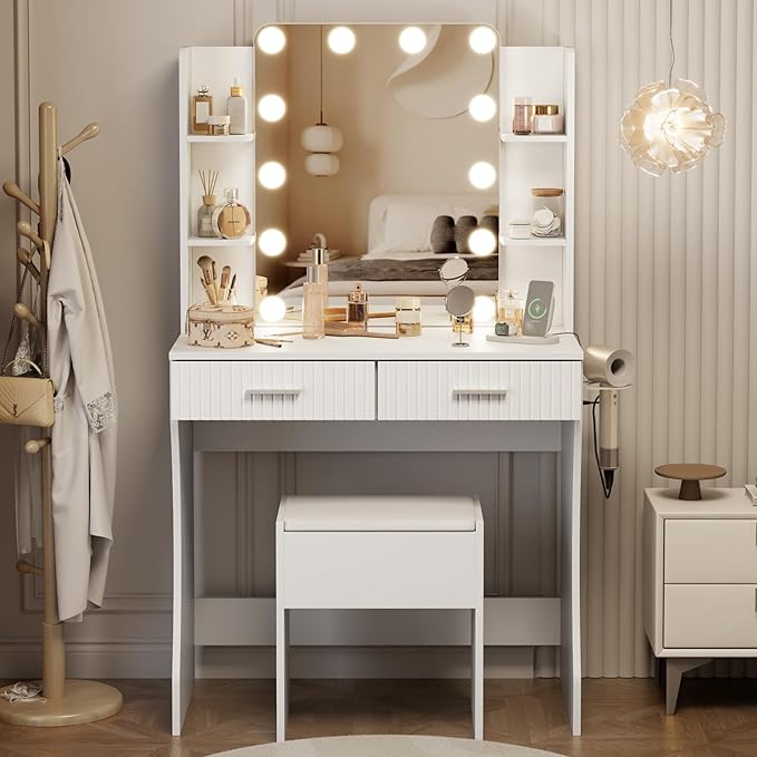 Vanity Desk with LED Lighted Mirror, Makeup Vanity with 3 Adjustable Lights, 2 Large Drawers and 4 Open Shelves, White Vanity with Storage Stool for Bedroom