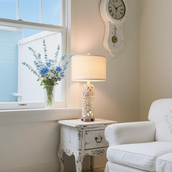 RORIANO Rustic Farmhouse Table Lamps for Living Room Bedroom, Vintage Bedside Lamp with Dual USB Port, Antique White Resin Retro Nightstand Lamps with Night Light, Bulbs Include