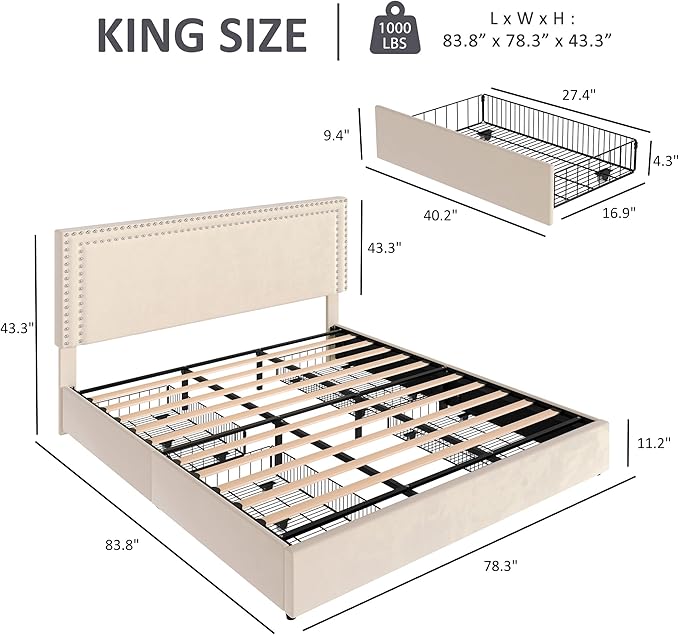 VECELO King Size Upholstered Platform Bed Frame with 4 Storage Drawers, Adjustable Velvet Rivet Decor Headboard, Wooden Slats Support, No Box Spring Needed, Easy Assembly