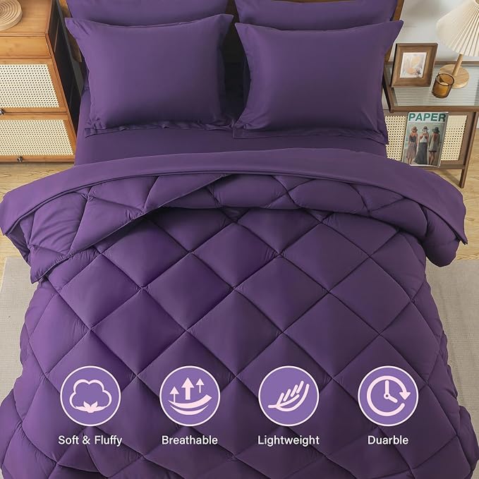 Cosybay Bed in a Bag Full Comforter Sets 7pcs All Season Solid Down Alternative Bedding Sets Purple with Comforter, Pillow Shams, Flat Sheet, Fitted Sheet and Pillowcases