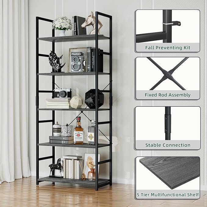 OTK 5 Tier Bookshelf, Tall Bookcase, Office Shelf Storage Organizer, Modern Book Shelf for Living Room, Bedroom, and Home Office, Dark Grey