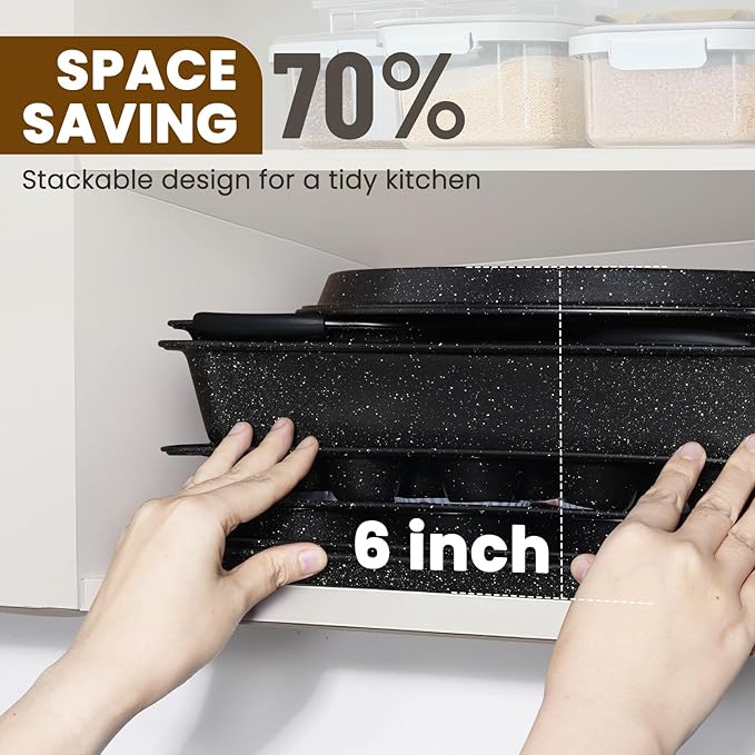 Kikcoin 22 PCS Nonstick Baking Pans Set, Stackable Bakeware Sets with Silicone Handles, 450°F Oven Safe Baking Sheet set, Easy Release Cookie Sheets for Baking, Black