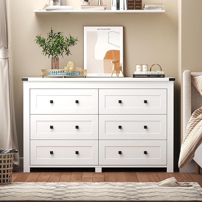 White Dresser for Bedroom, 47.3" Modern Dresser for Closet TV Stand, 6 Drawer Wood Dressers & Chest of Drawers with Black Knobs, Wide Closet Storage Organizer for Living Room, Hallway