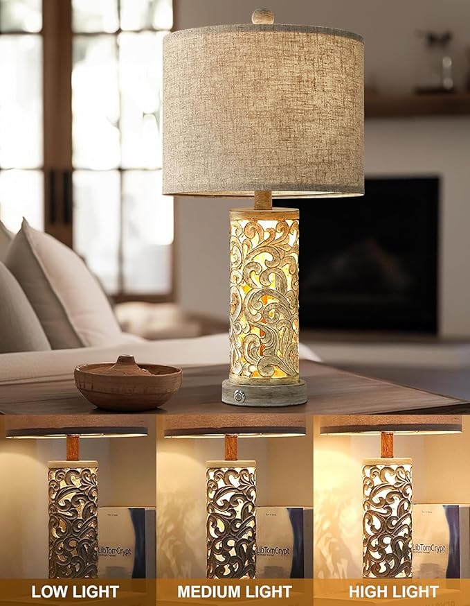 OYEARS 3-Way Dimmable 22'' USB A+C Touch Control Table Lamp with Nightlight for Living Room Bedroom Farmhouse Bedside Nightstand Lamps (Bulb Included)