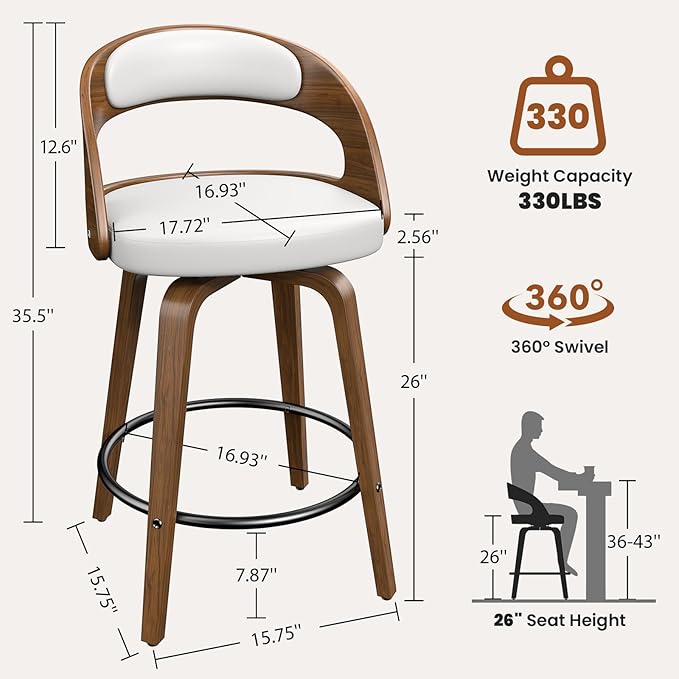 Swivel Bar Stools Set of 4, 26" Counter Height Bentwood Barstool, Mid-Century Modern PU Leather Upholstered Bar Chair with Back and Footrest, for Kitchen Island, Bar, Cafe, Dining Room, White