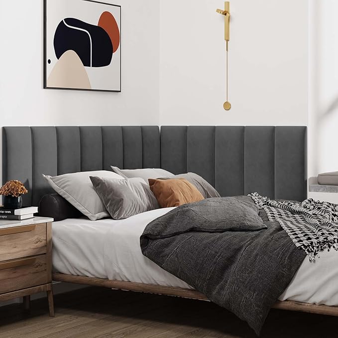 IFNOW Wall Mounted Upholstered Headboard King, 3D Peel and Stick Soundproof Panels, Reusable and Removable Padded Leather Bed Headboard, 12 Panels 9.84" x 23.62", Dark Grey