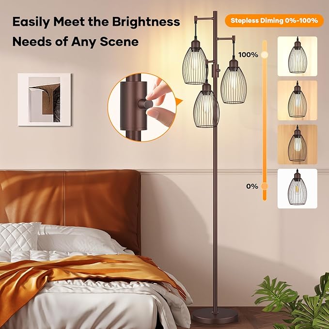 Nintiue Dimmable Floor Lamp,3x800LM LED Bulbs Included, Farmhouse Industrial Floor Lamp Standing Tree Lamp with Teardrop Cage Head Tall Lamp for Living Room Bedroom Office Dining Room - Matte Brown