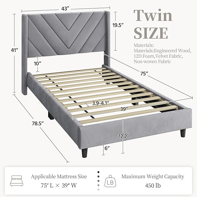 Yaheetech Twin Bed Frame Upholstered Platform Bed with Wing Side/Wooden Slat Support/Tufted Headboard with Wing Side/Mattress Foundation/No Box Spring Needed,Light Gray Twin Bed