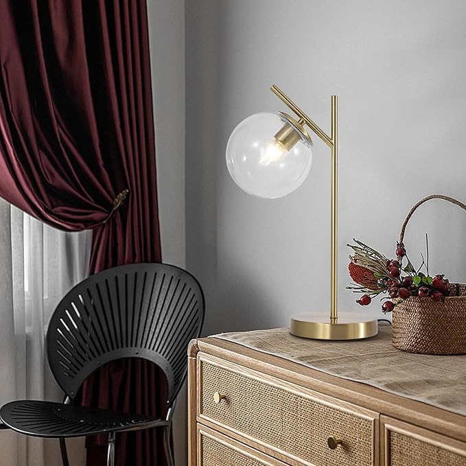 Mid Century Modern Table Lamp Contemporary Metal Brass Bedside Lamps with Clear Glass lampshade Gold Globe Nightstand Lamp for Bedroom Living Room Study Room