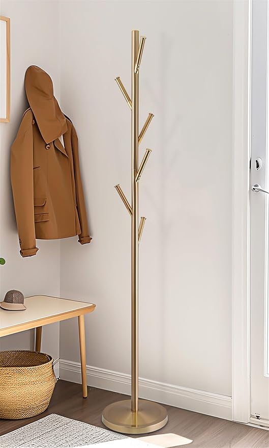 Kira Home Addison 68" Modern 6 Hook Free Standing Metal Coat Rack, Weighted Base, Cool Brass Finish