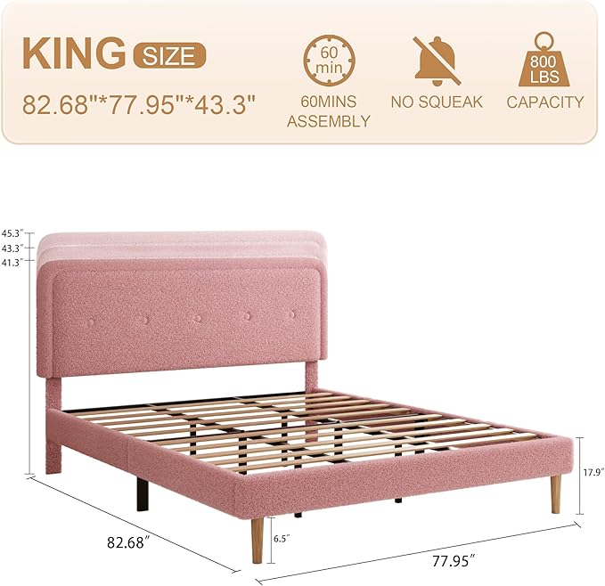 King Size Boucle Platform Bed Frame, Anti-Collision Soft Rounded Corners, Adjustable Headboard, No Box Spring Needed, Easy Assembly, Noise Free, Pink