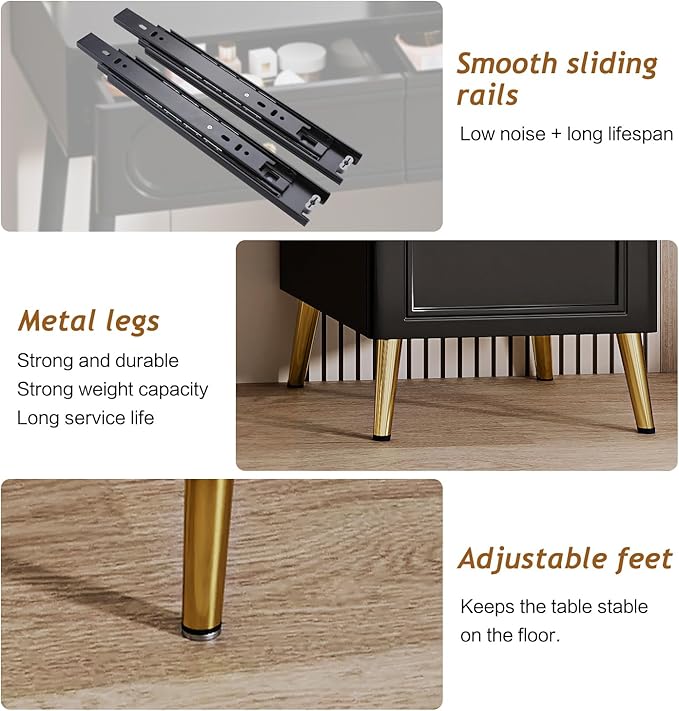 Vanity Desk with Mirror and Lights, with Power Outlet and 10 Lights Modern Capacity Makeup Vanity with 3 Drawers, Makeup Table for Bedroom,Makeup Room,Black