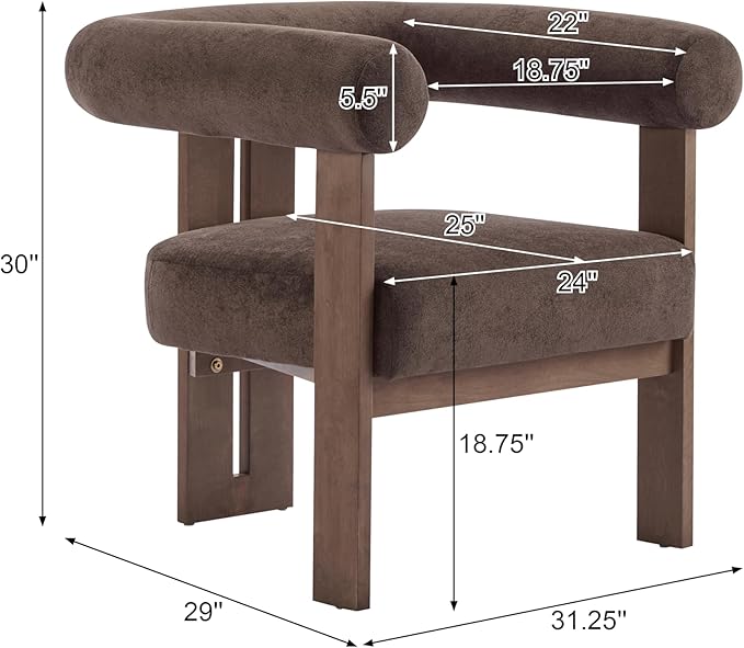 Christopher Knight Home Rones Modern Velvet Upholstered Accent Chair, Wooden Living Room Club Chair with Curved Backrest, Minimalist Bedroom Comfy Reading Chair, Thick Padded Seat, Dark Brown+Walnut