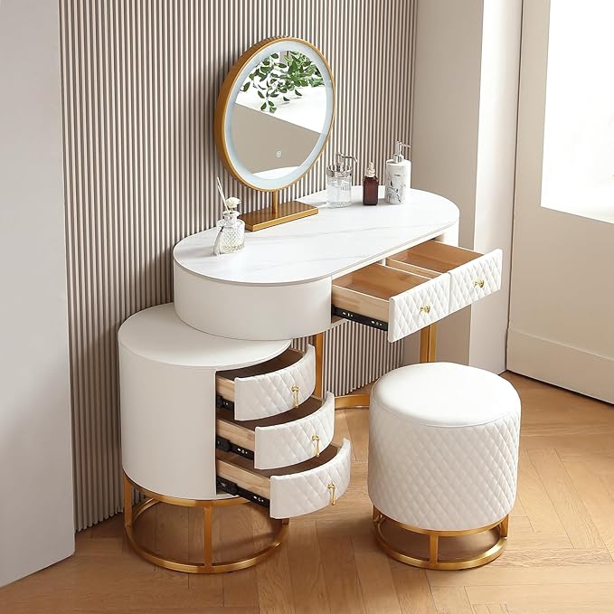 Faux Leather Makeup Vanity Desk Set with LED Lighted Mirror Luxury Dressing Makeup Table with Storage Drawers & Vanity Stool, White