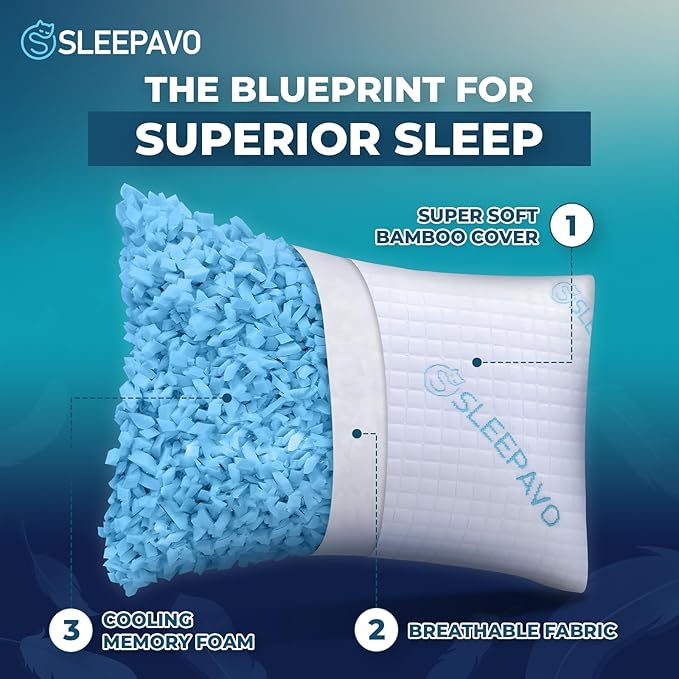 Sleepavo Adjustable Shredded Memory Foam Pillows Queen Size Set of 2 - Extra Soft Cooling Bed Pillows for Sleeping - Back, Stomach, Firm Side Sleeper, Comfy Cool - 2 Pack Best Sleepy High Loft Pillow